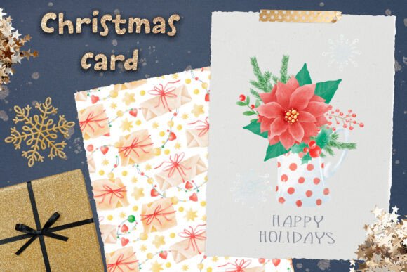 Christmas Poinsettia Postcard Png Illustrations