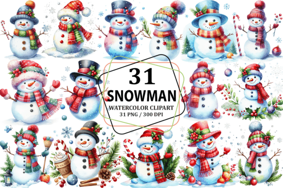 Christmas Snowman Clipart Sublimation Illustrations