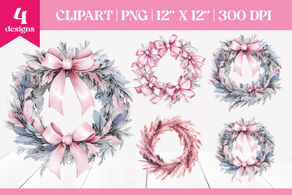 Pink Watercolor Christmas Wreath PNG in Illustrations