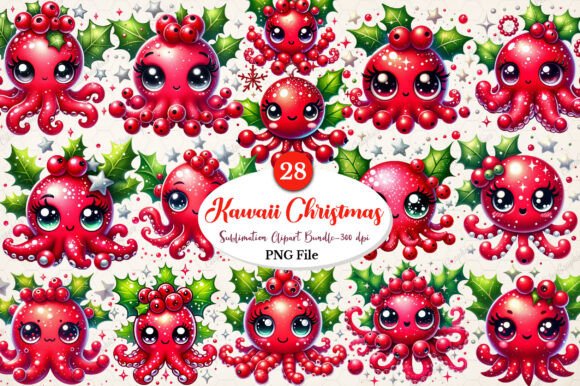 Watercolor Kawaii Christmas Clipart for Modern Illustrations